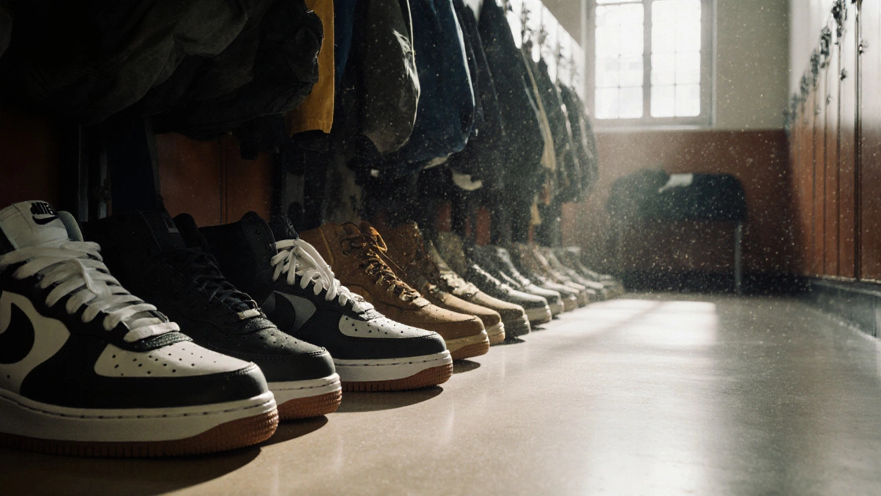 Rows of school trainers neatly arranged in a locker room.