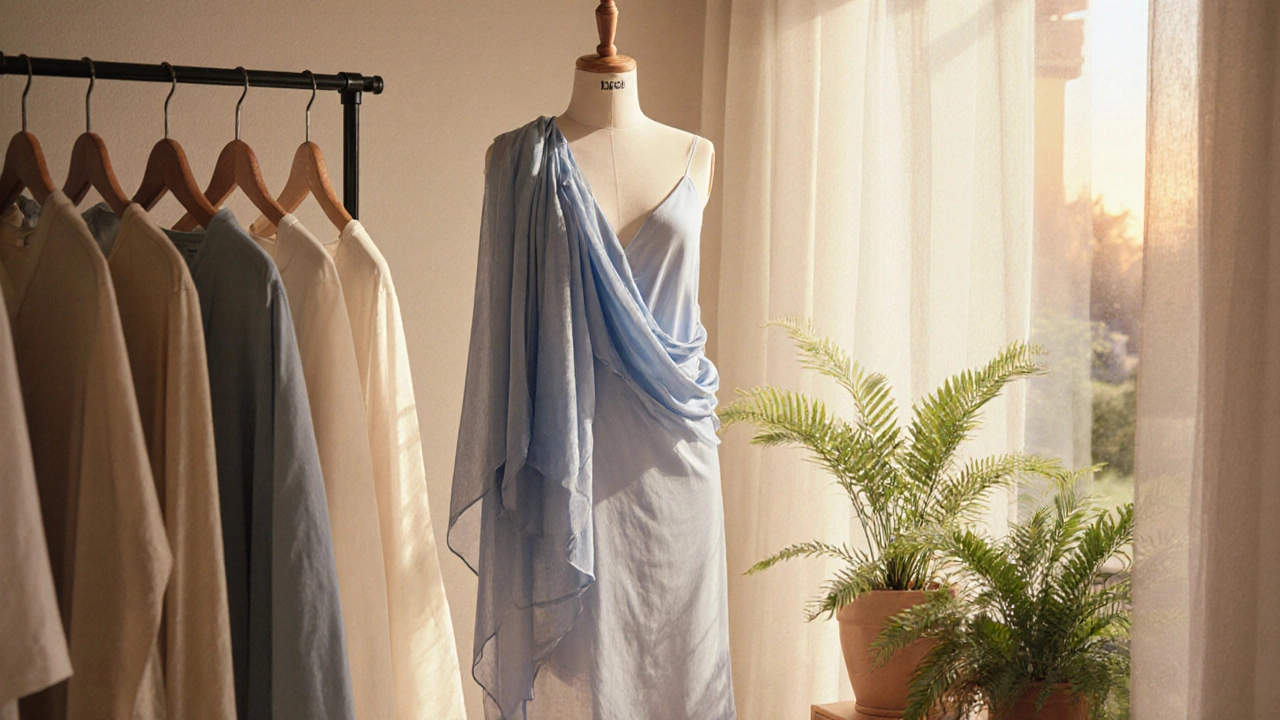 TENCEL™ rayon dress on display in soft light, showcasing its smooth, elegant drape.