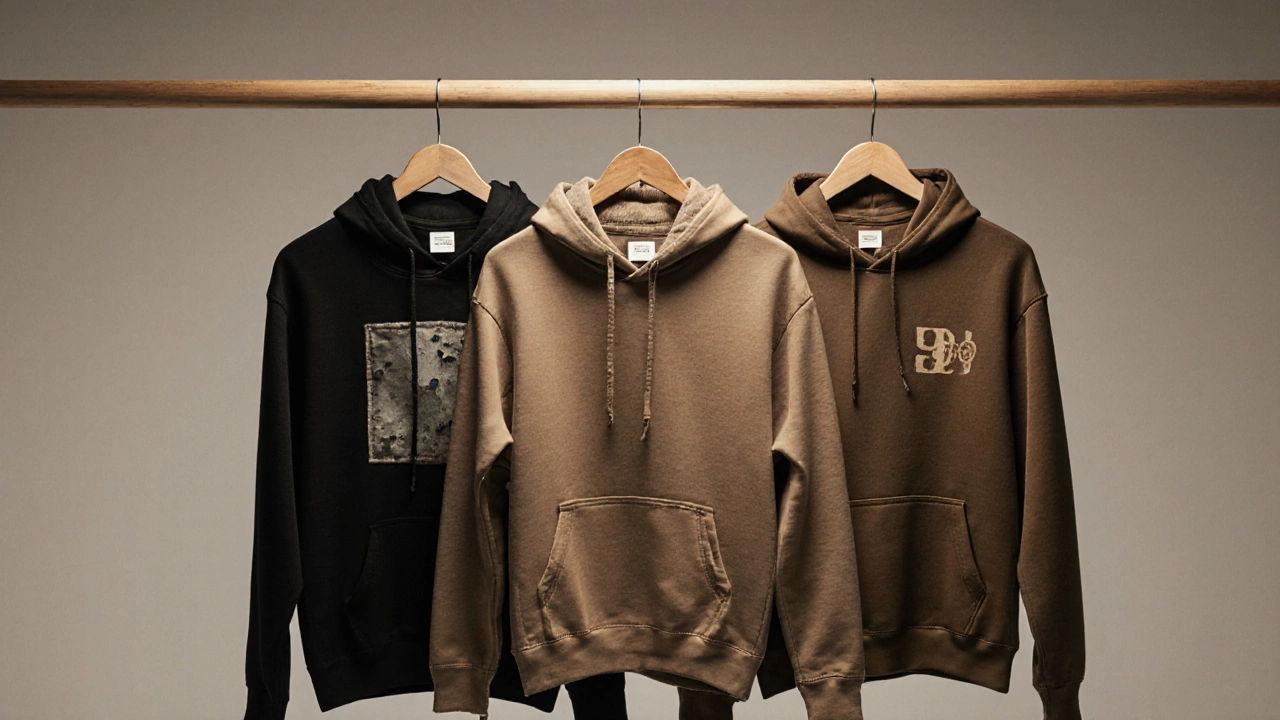 Three hoodies displayed side by side showing differences in fabric quality and construction.