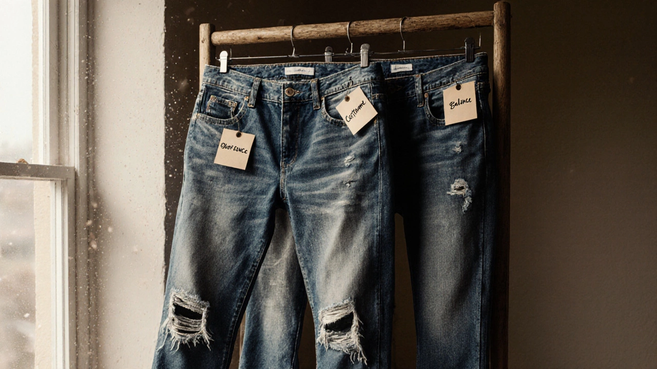 Three pairs of jeans on a wooden rack, showing different levels of distressing with symbolic labels.