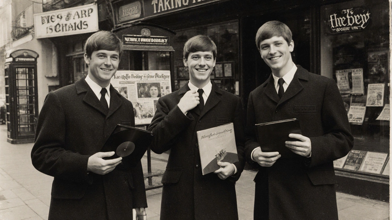 Three young men in bobby jackets holding vinyl records outside a London record shop in the 1960s.