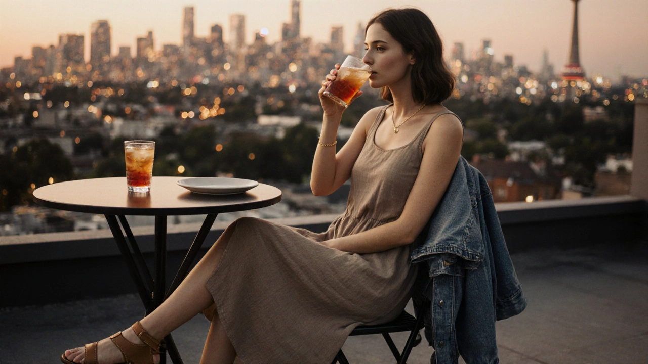 Woman at rooftop dinner in warm taupe dress with denim jacket, city lights glowing softly in the background.