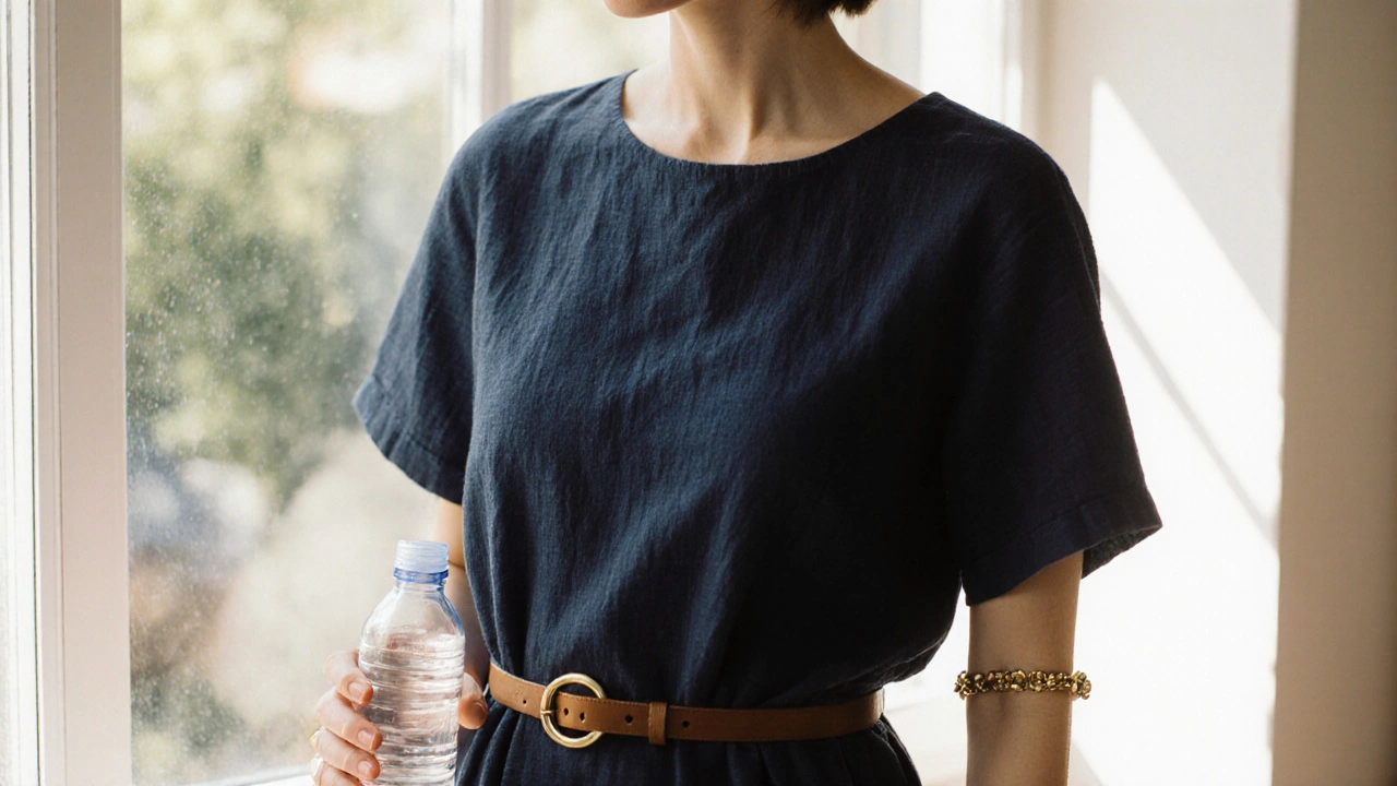 Woman in a navy linen shift dress with a leather belt, glowing in natural sunlight.