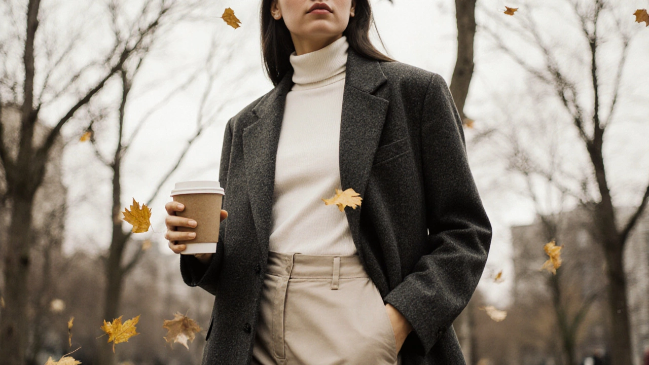 Woman wearing a charcoal bobby jacket over a turtleneck in an autumn city park.