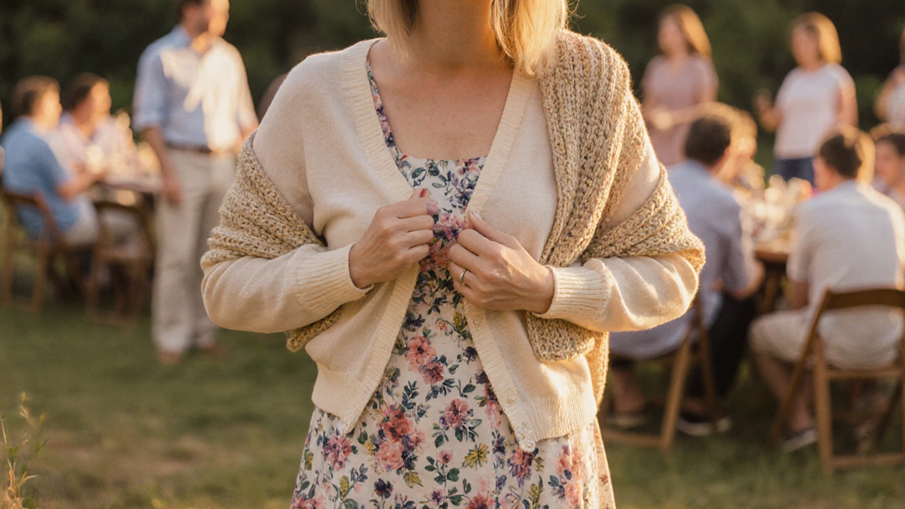 Woman wearing a sundress with cardigan at a family gathering, modest and warm.