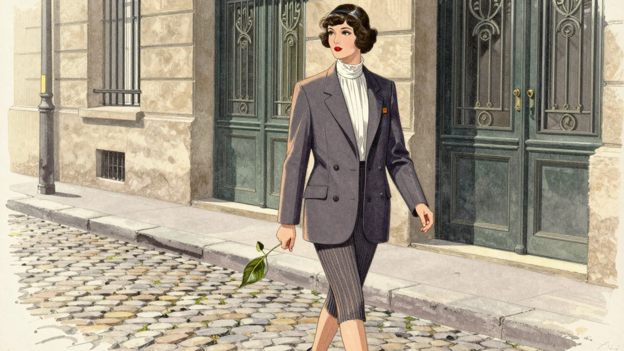 A 1920s woman in a tailored blazer walking confidently down a Parisian street at dusk.