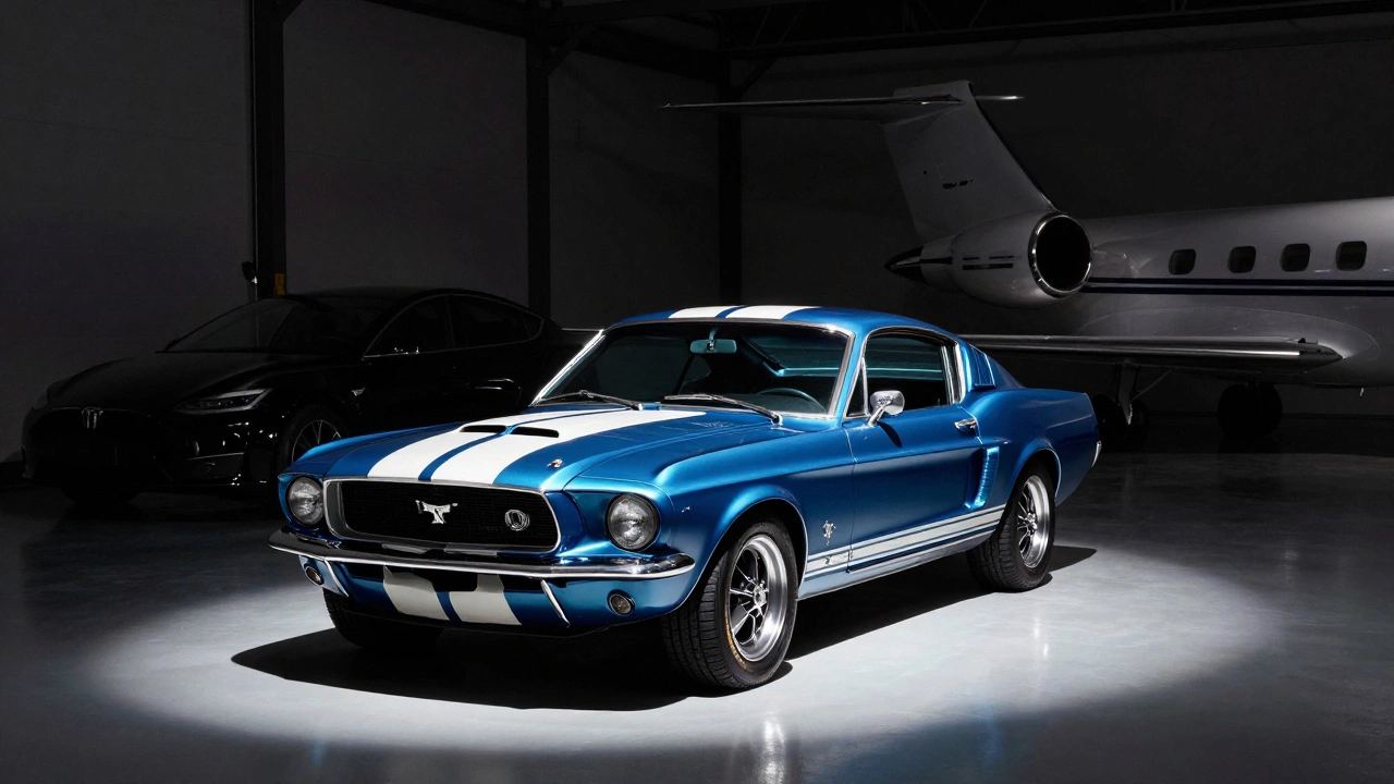 A classic 1967 Ford Mustang Shelby GT500 displayed in a garage alongside other vehicles.
