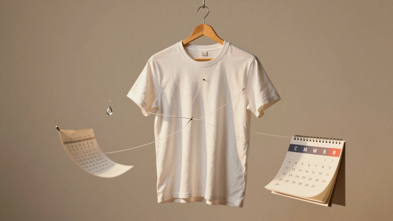 A classic-fit t-shirt hanging with floating symbols of durability: stitching, water droplet, and calendar pages.
