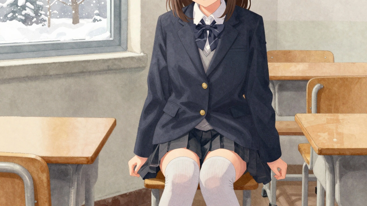 A girl wears sweatpants under her school skirt to stay warm in winter.