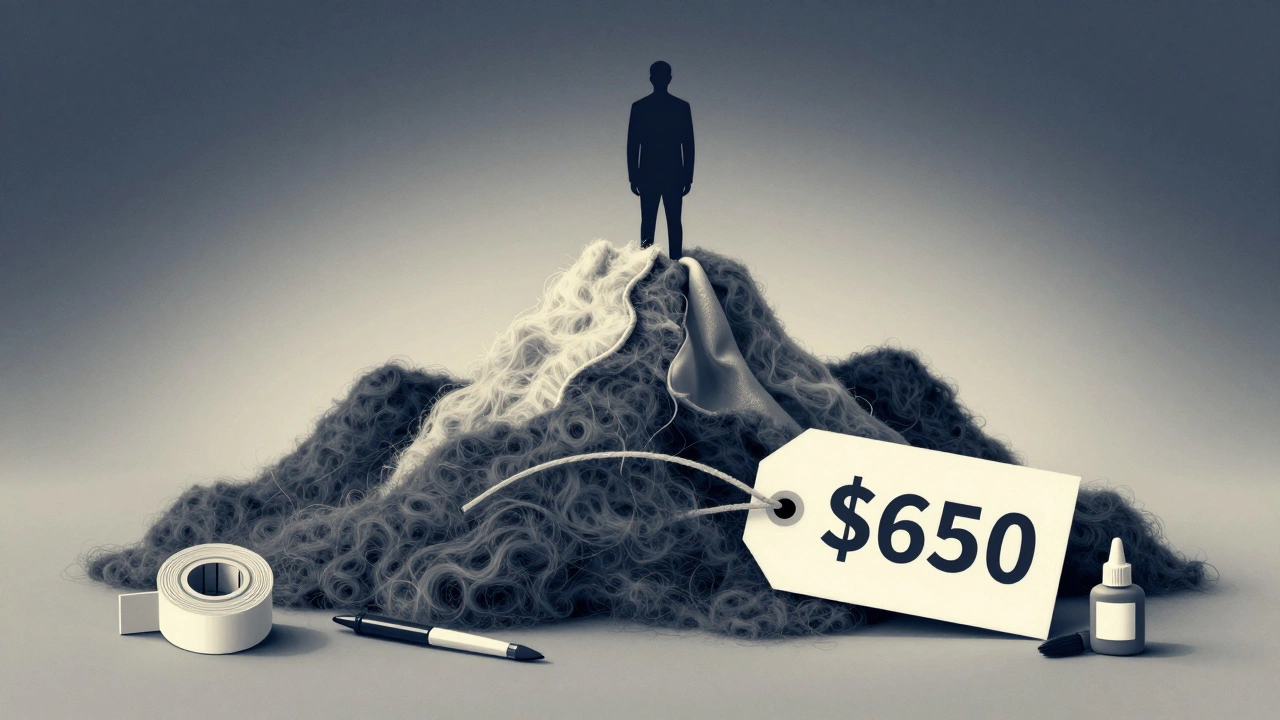 A silhouette of a man made of suit fabric layers, symbolizing value and craftsmanship behind the average price.