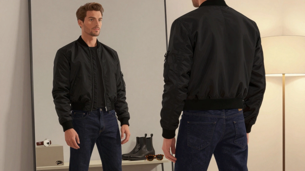 A slim man admires his perfect-fit bomber jacket in a mirror, with a watch and boots visible in the background.