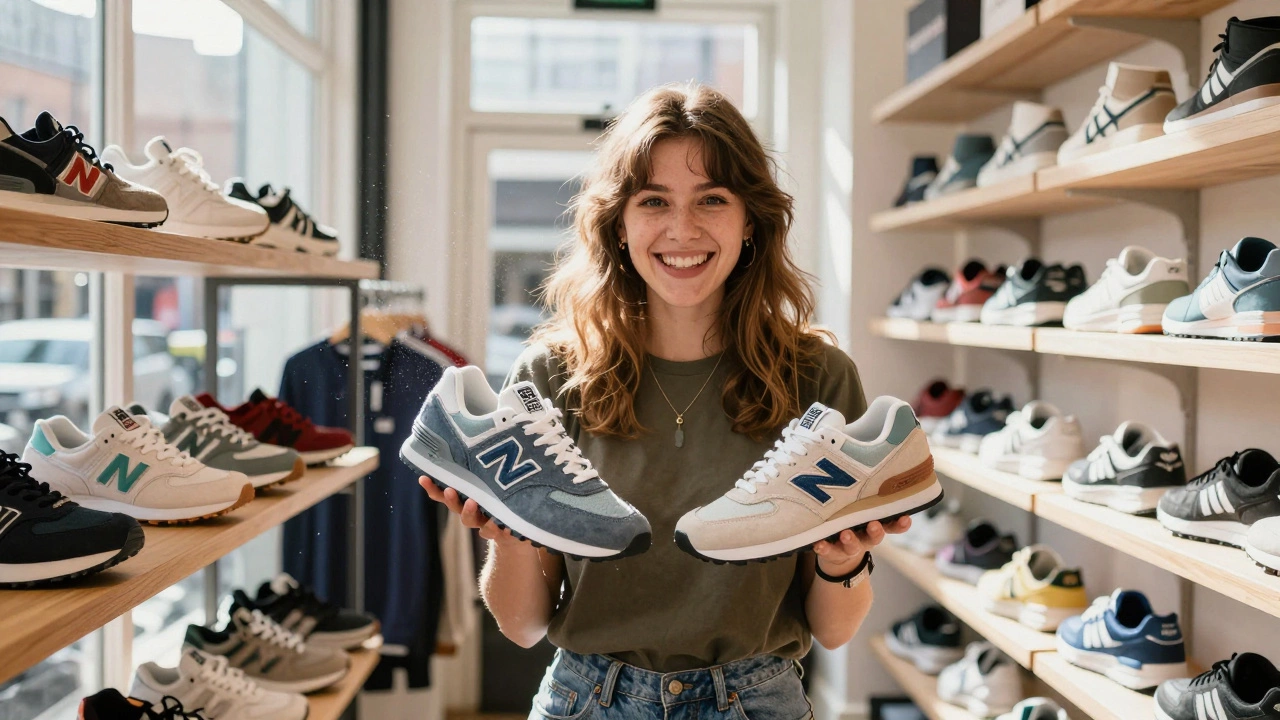 A young woman smiling in a sneaker shop, holding a pair of New Balance trainers.