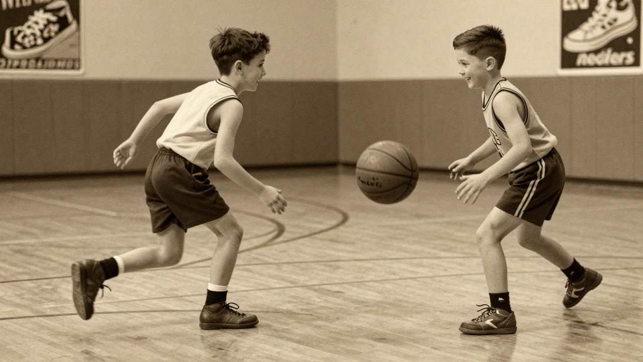 Children in 1920s clothing play basketball in a gym, wearing quiet rubber-soled shoes.