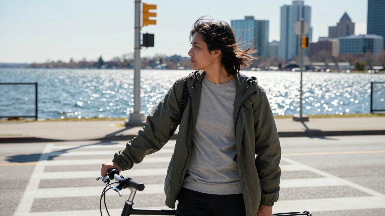 Cyclist in a half-zipped windbreaker with cotton shirt, standing near a lake in urban setting.