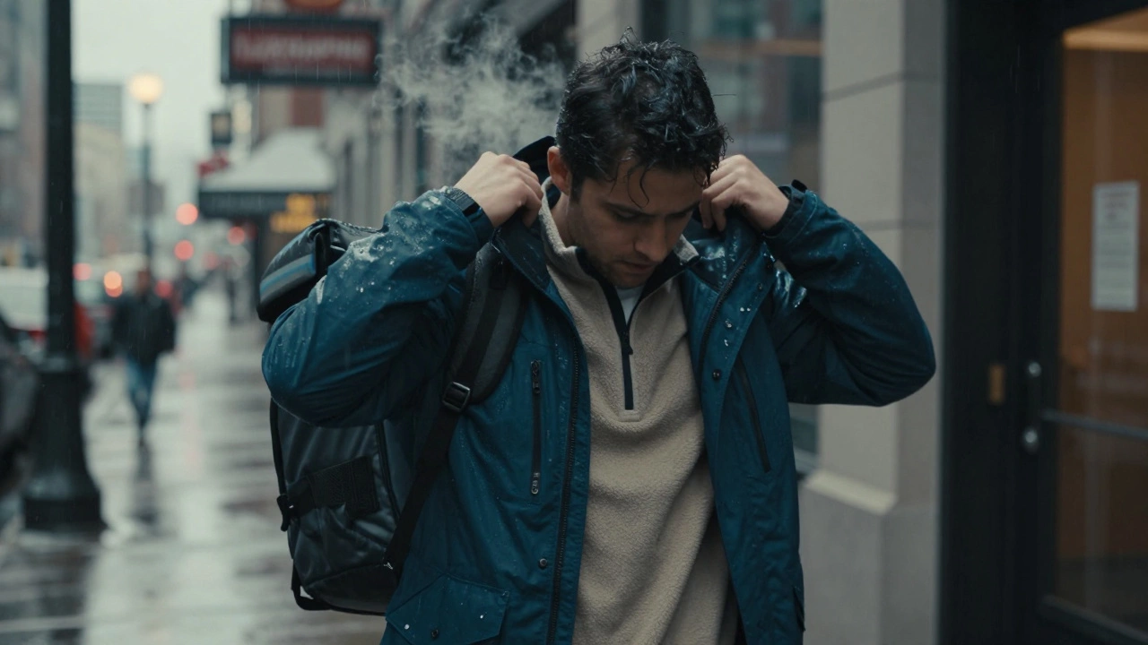 Delivery driver adjusting layered clothing in icy rain, with visible breath and wet surroundings.