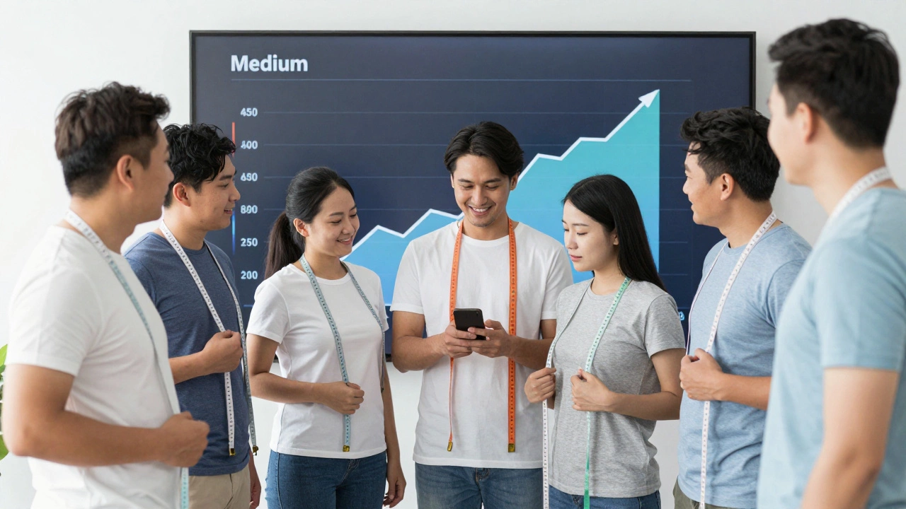 Diverse people measuring their chests with tape measures, standing before a screen showing t-shirt sales data.
