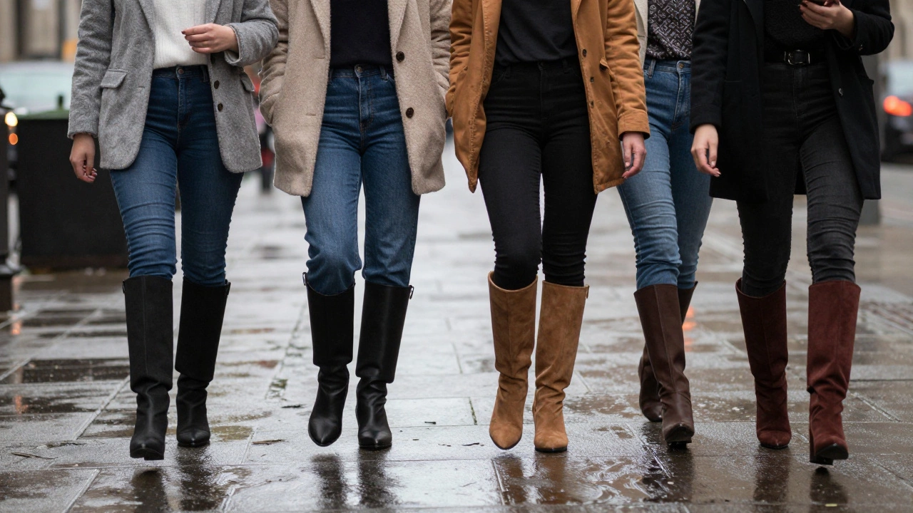 Diverse women walking confidently in stylish wide boots on a rainy city street at dusk.