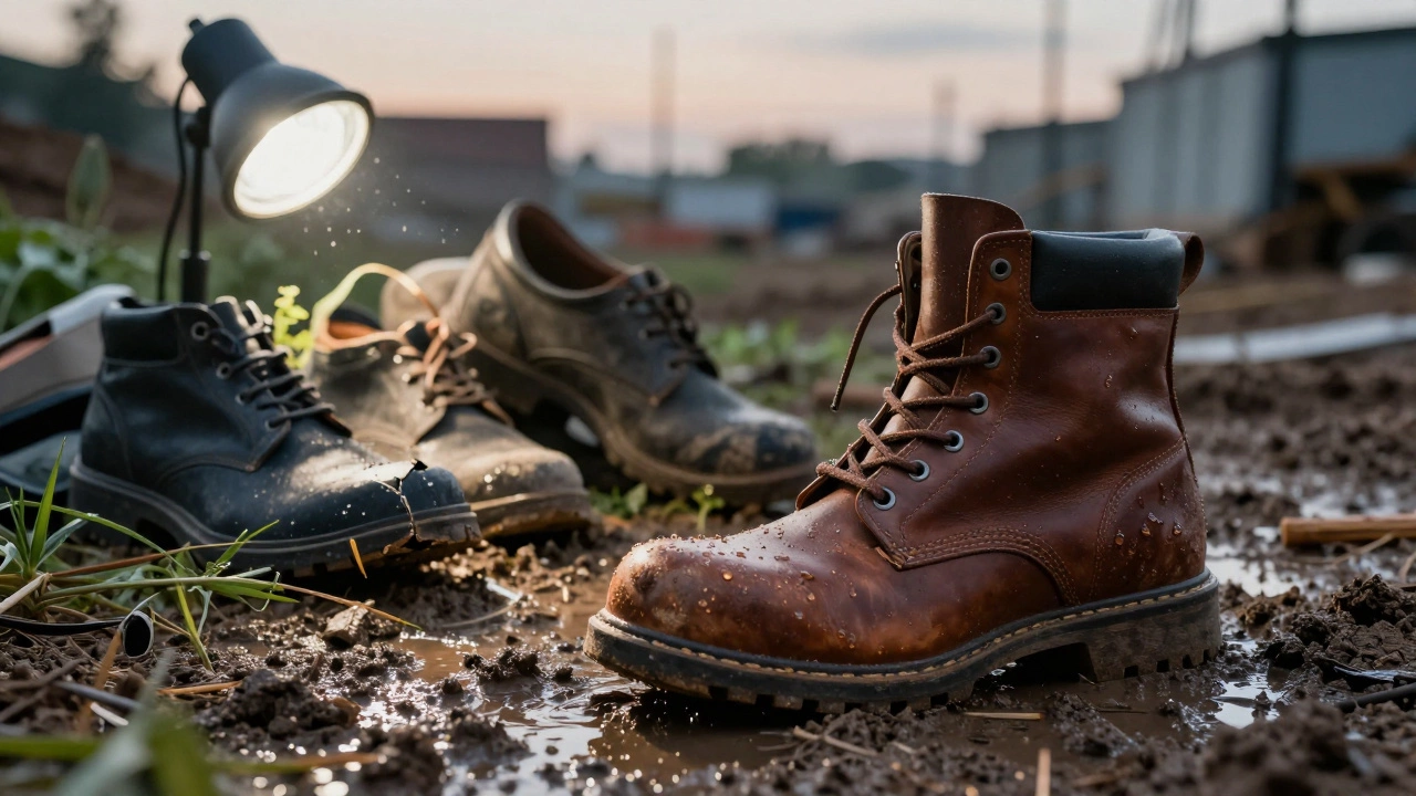 Durable leather work boot in mud beside discarded synthetic shoes under a heat lamp.