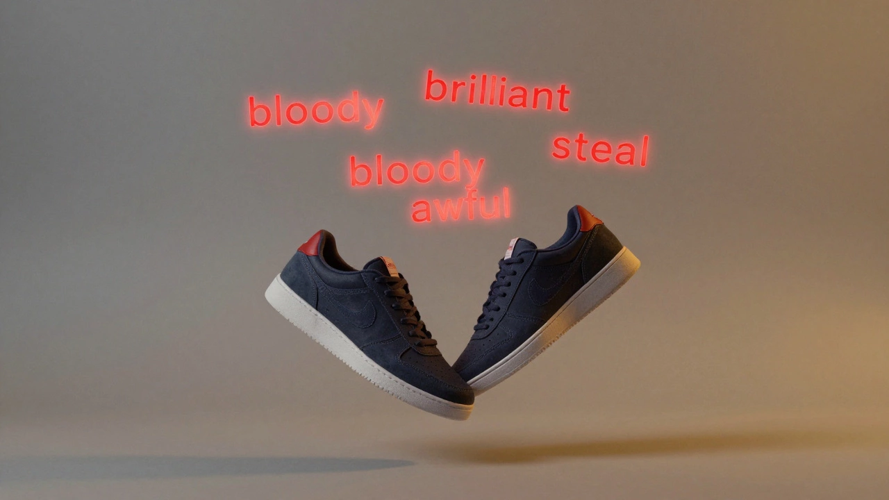 Floating trainers surrounded by glowing emotional phrases like 'bloody brilliant'.