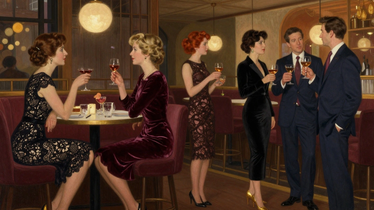 Guests at a sophisticated cocktail party in a modern restaurant, dressed in elegant evening wear.