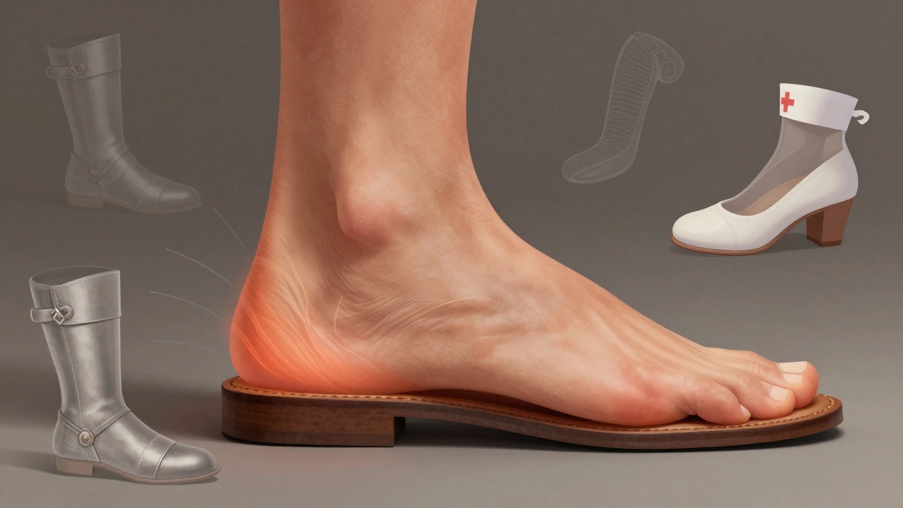 Human foot inside leather shoe as it molds to shape, with historical footwear styles floating around.