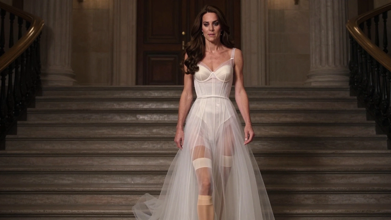 Invisible support system beneath a royal gown, subtly revealed as ethereal lines enhancing the dress.