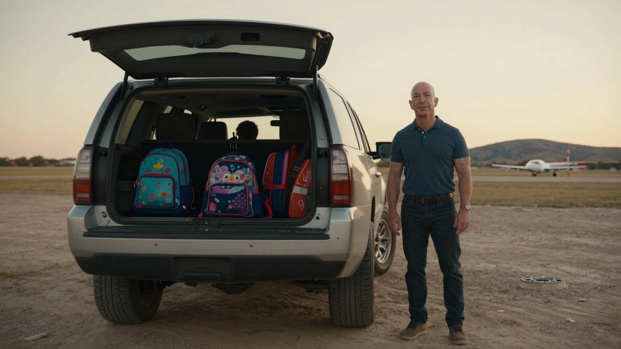 Jeff Bezos beside a Chevrolet Suburban with children&#039;s gear at a Texas ranch.