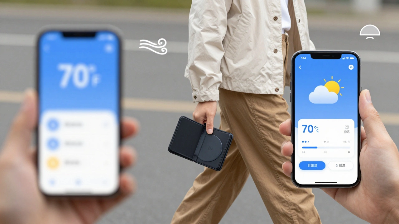 Person holding a foldable windbreaker while walking past a blurred weather app showing 70°F.