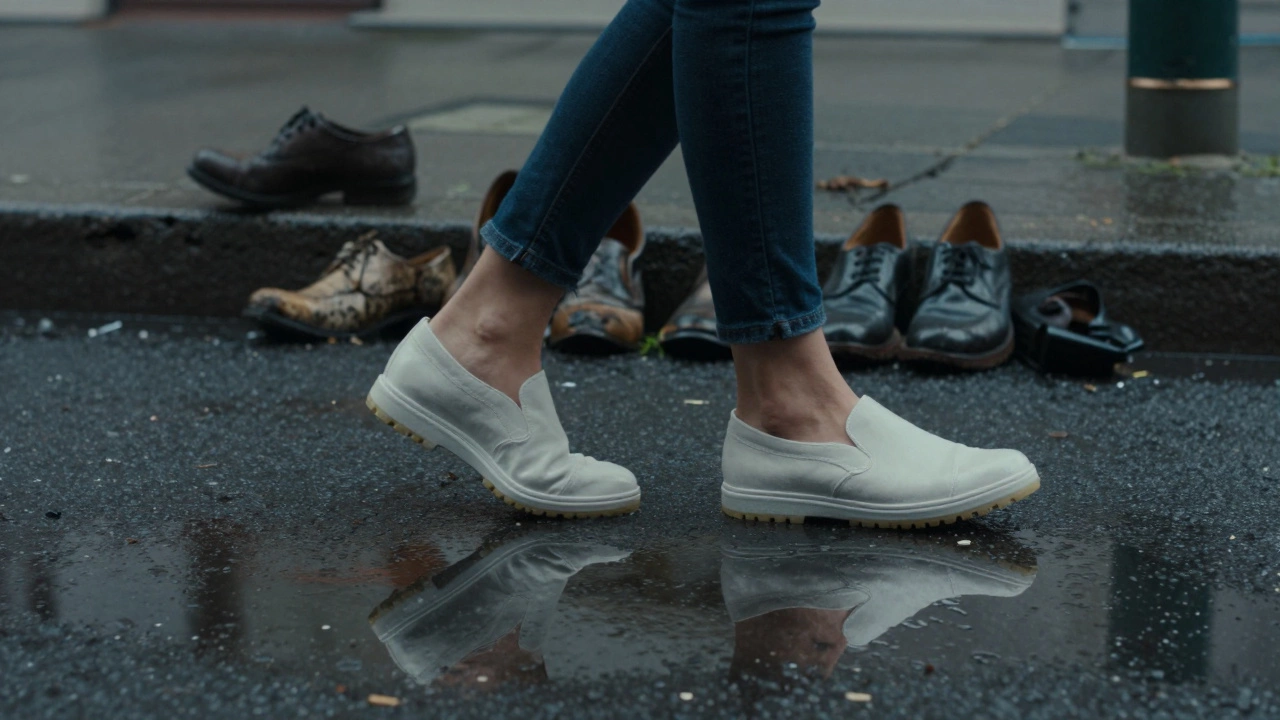 Person walking in sleek vegan dress shoes on a rainy street, leather shoes rotting in gutter behind.