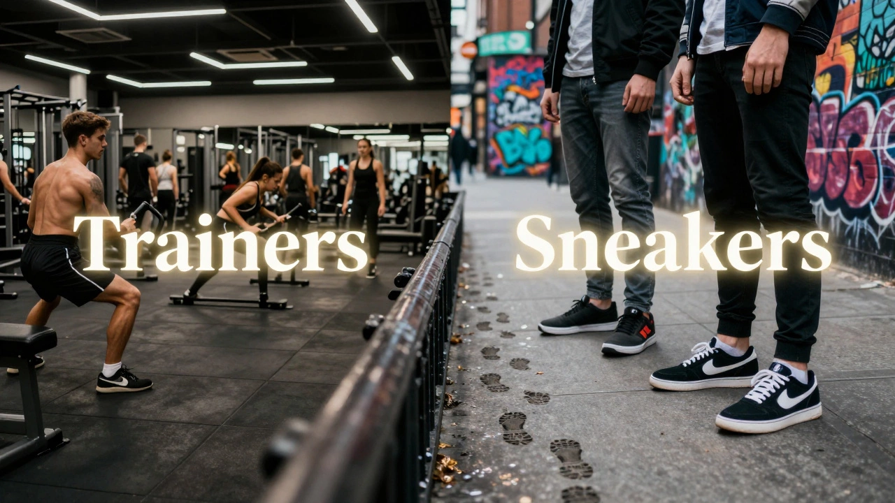 Split image: British gym with trainers on left, American street with sneakers on right.