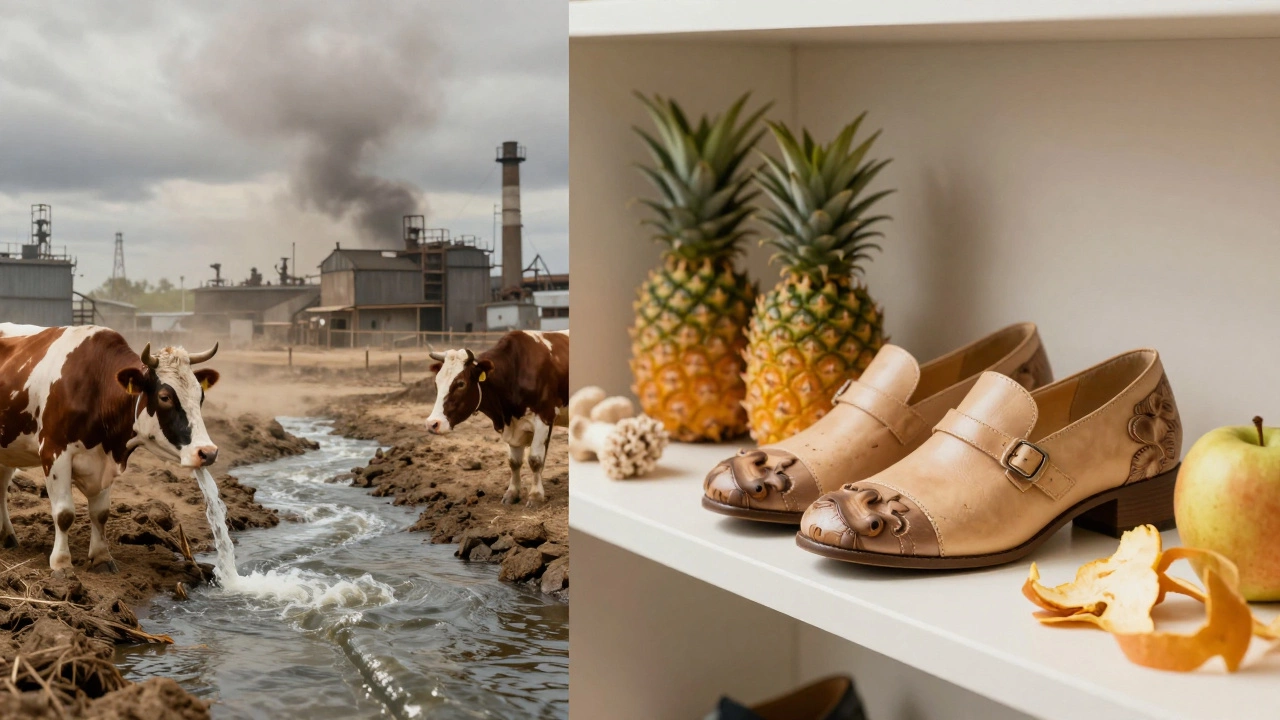 Split image: industrial cow farm versus eco-friendly vegan shoes made from plant materials.