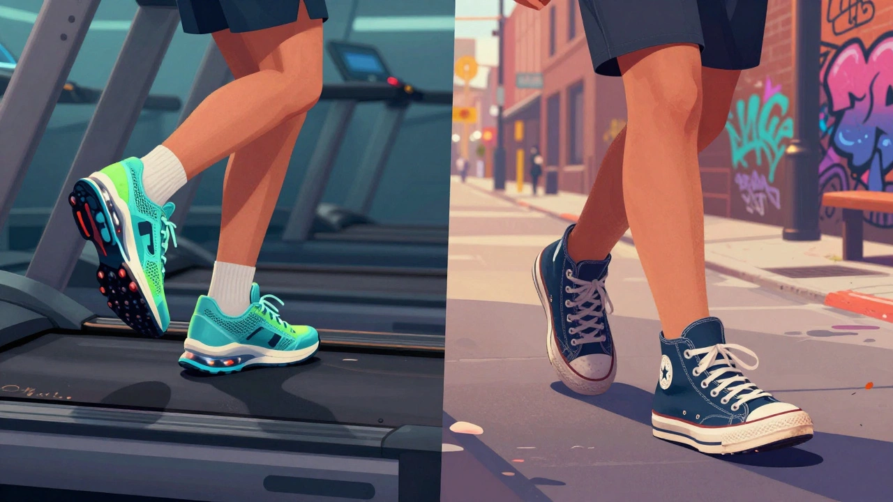 Split image of jogging in modern trainers versus walking in classic Converse