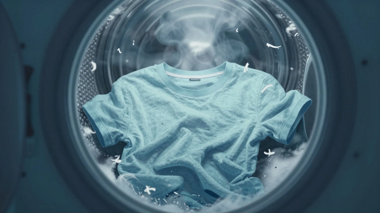 T-shirt washing in cold water inside a machine, turned inside out, with fading fibers in background.