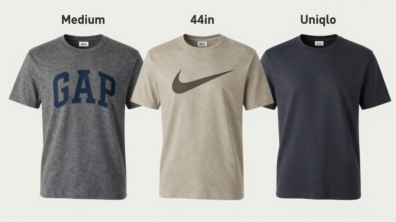 Three Medium t-shirts from different brands displayed side by side, showing varying chest measurements through fabric detail.