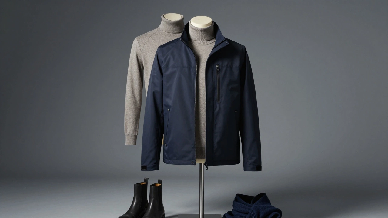 Three neatly layered clothing items on a mannequin, showcasing a sleek technical jacket with clean lines and no logos.