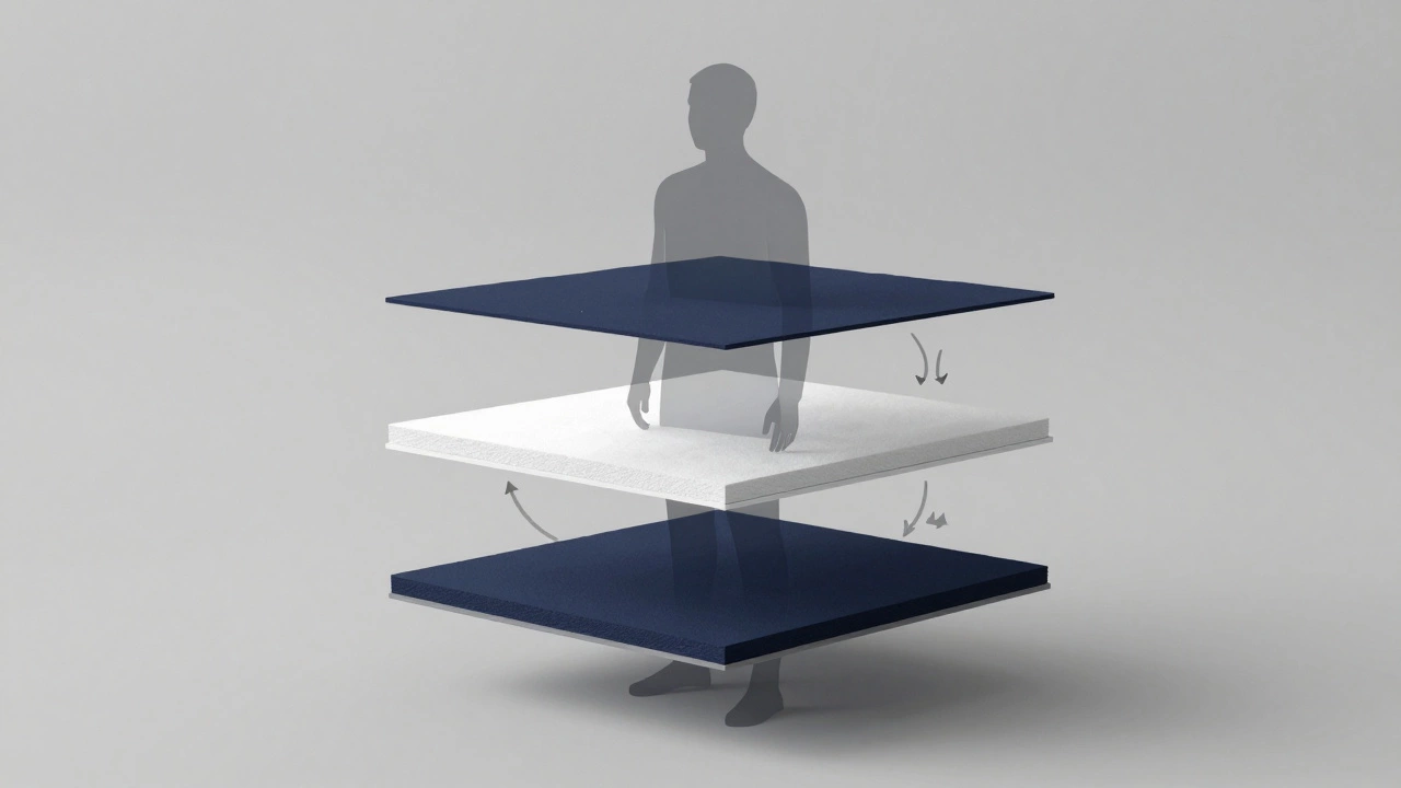 Transparent human figures showing the three-layer system for winter warmth and moisture control.