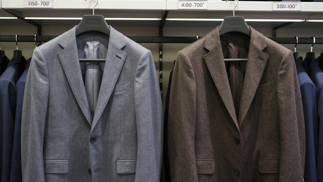 Two suits side by side showing difference in fabric quality and construction between budget and mid-range options.