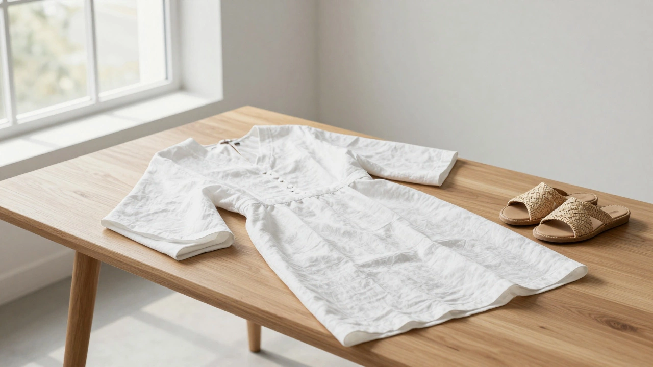 White linen shift dress with kaftan and sandals on wooden table