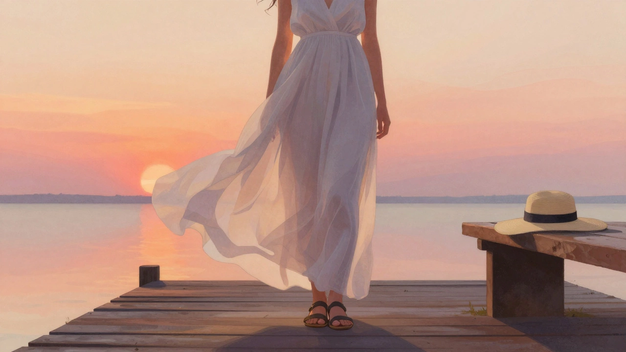 Woman in a flowing maxi dress on a sunset pier