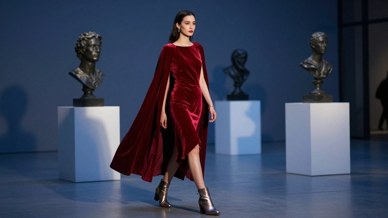 Woman in a red velvet cape dress walking through an art gallery at night.