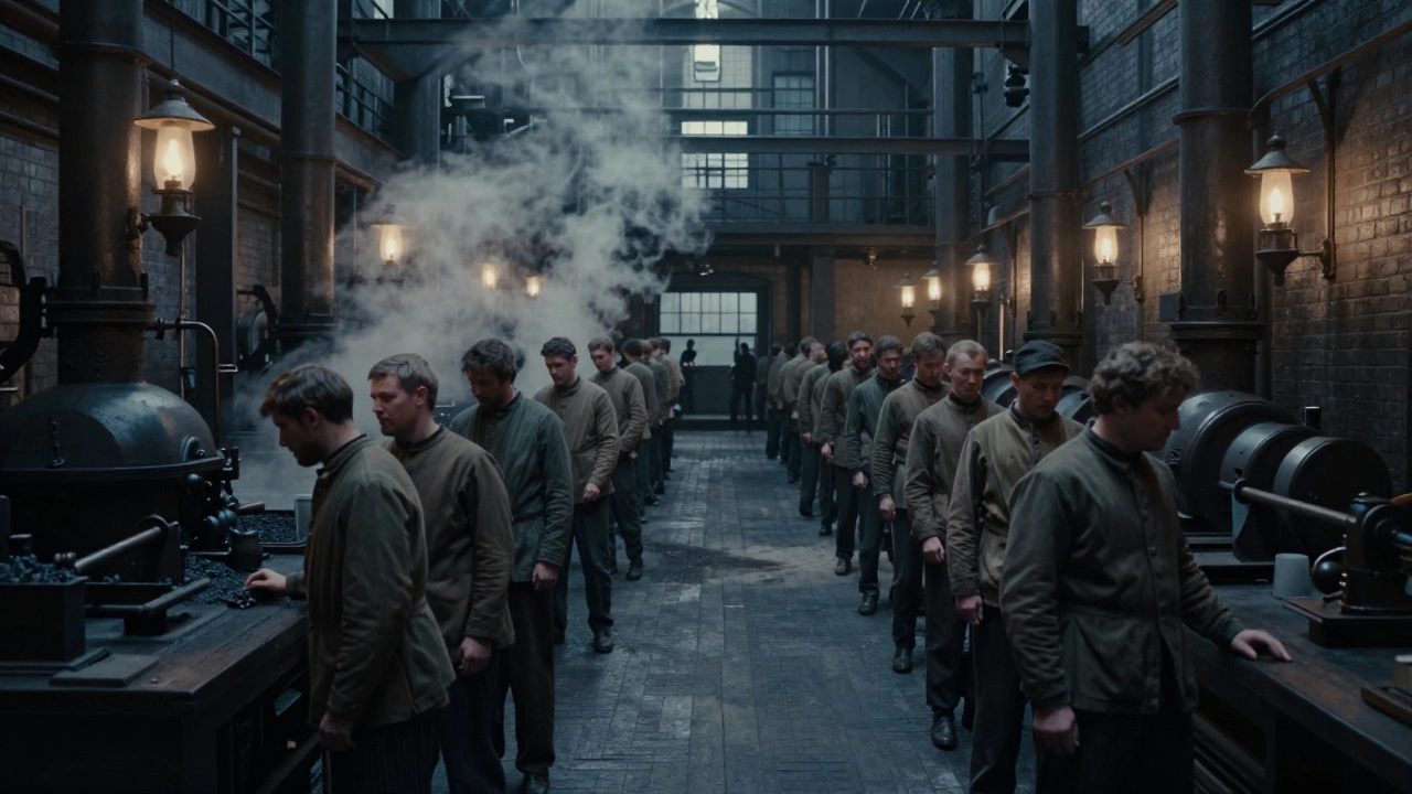 Workers in short buttoned jackets on a 19th-century British factory floor under dim gas lamps.