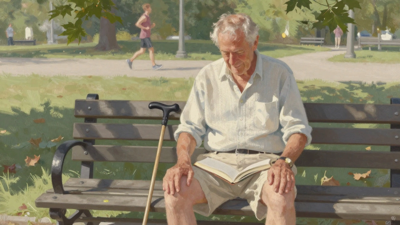 A 78-year-old man sitting peacefully on a park bench in linen shorts, reading a book.