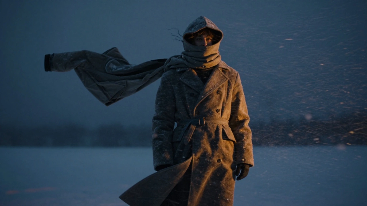 A person protected by a heavy wool coat against a blizzard, while a light jacket blows away uselessly.