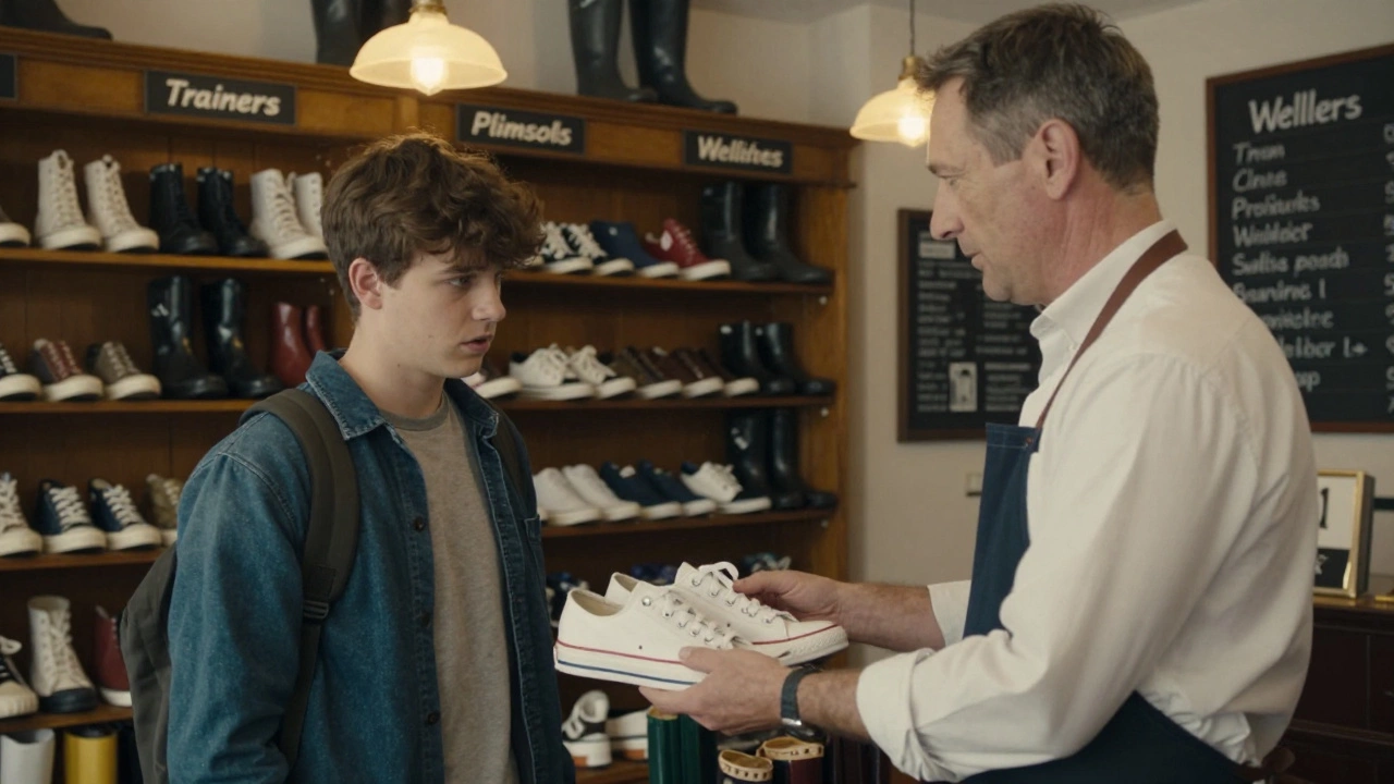 A shoe store assistant handing canvas shoes to a tourist in a UK shop with labeled footwear sections.