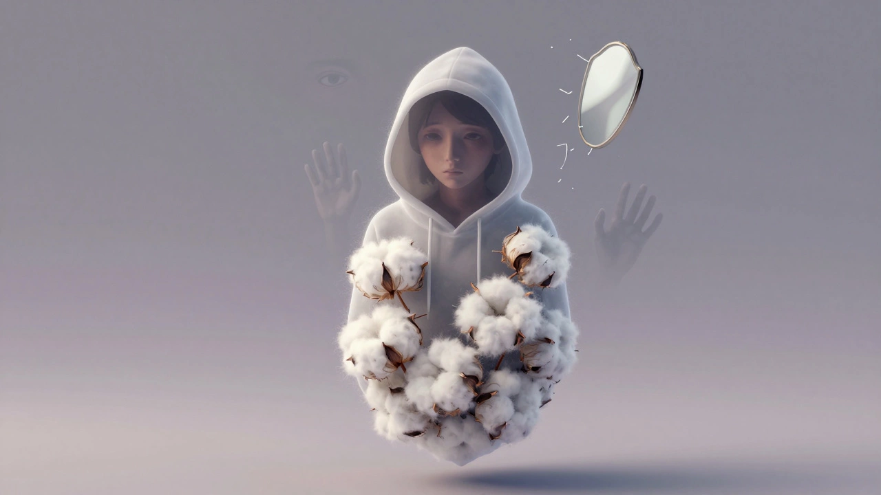 A translucent human figure enclosed in a hoodie-shaped cocoon, with floating images of judging eyes and broken mirrors around them.
