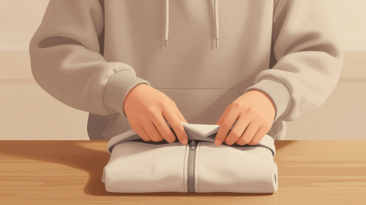 Hands folding a hoodie inside out, smoothing sleeves and creating a neat rectangle on a wooden surface.