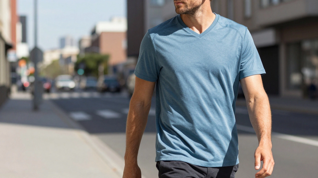 Man walking in summer heat wearing a loose V-neck performance tee, no sweat stains, fabric moving naturally in the breeze.