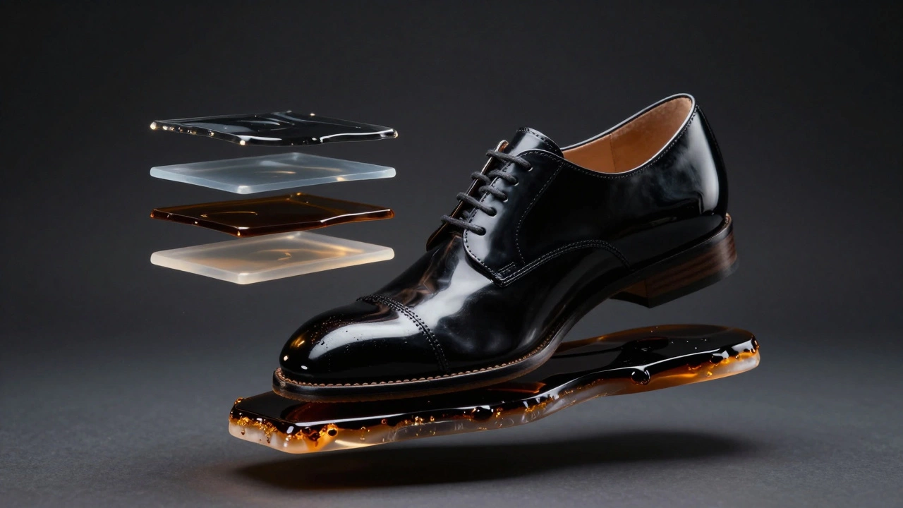 Patent leather shoe floating with translucent lacquer layers glowing around it.