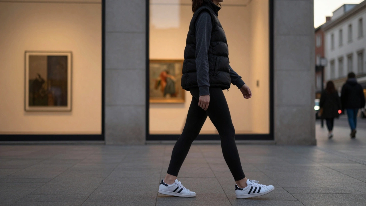Person in technical vest and leggings walking past an art gallery