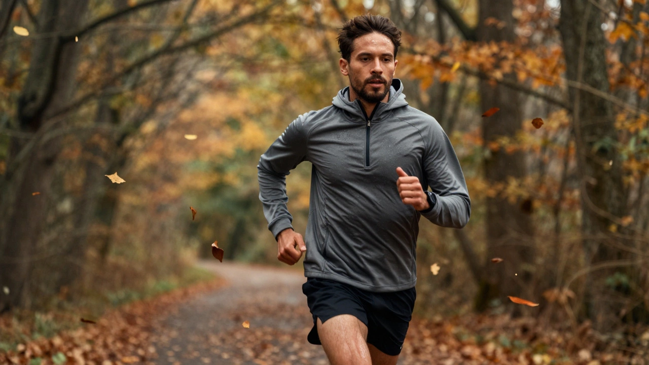 Runner in performance hoodie on a trail, sweat glistening, leaves swirling around them.